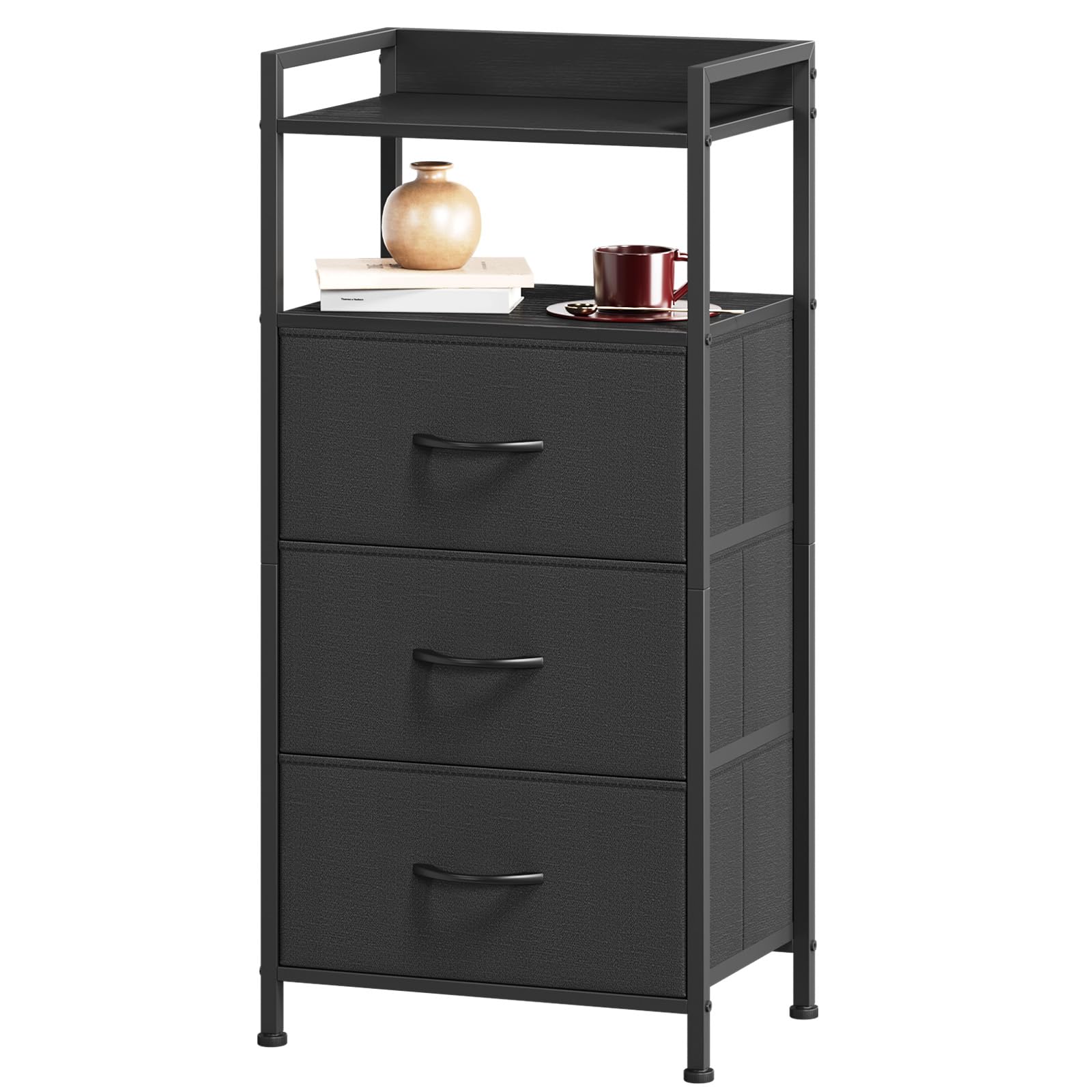 Somdot Chest of Drawers for Bedroom with 3 Drawers, Bedside Storage Cabinet End Table, Storage Unit with Fabric Drawers for Closet Living Room Nursery Hallway, Black
