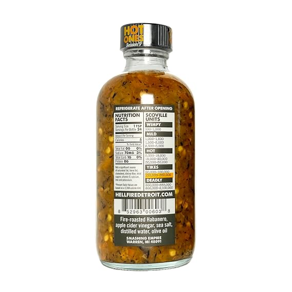 Hell Fire Detroit Habanero Hot Sauce (Extra-Hot), Crafted with Fresh, Fire-Roasted Habanero Chile Peppers, All-Natural, Vegan, Gluten-Free, Low Sodium 4 Fl Oz