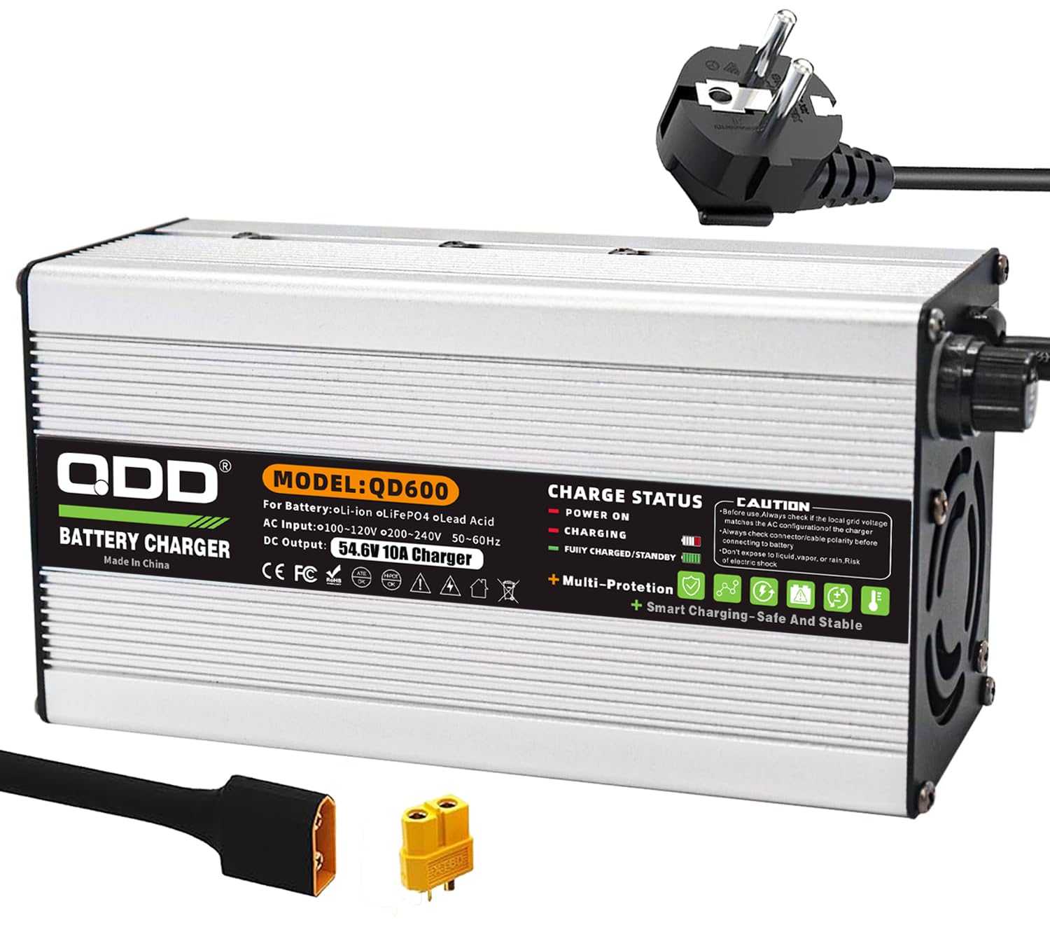 QDD Ładowarka 54,6 V 10 A, inteligentna ładowarka do akumulatorów litowo-jonowych 13S 48 V, srebrna obudowa aluminiowa, bezpieczna i trwała, z wtyczką XT60