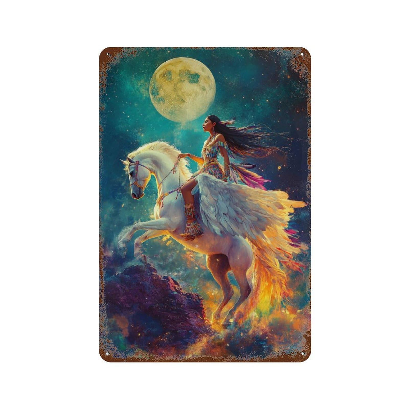 Fantasy Moonlit Horse Ride Rustic Tin Plaque 11.8"x7.9", Ideal for Office, Studio And Wall Decor