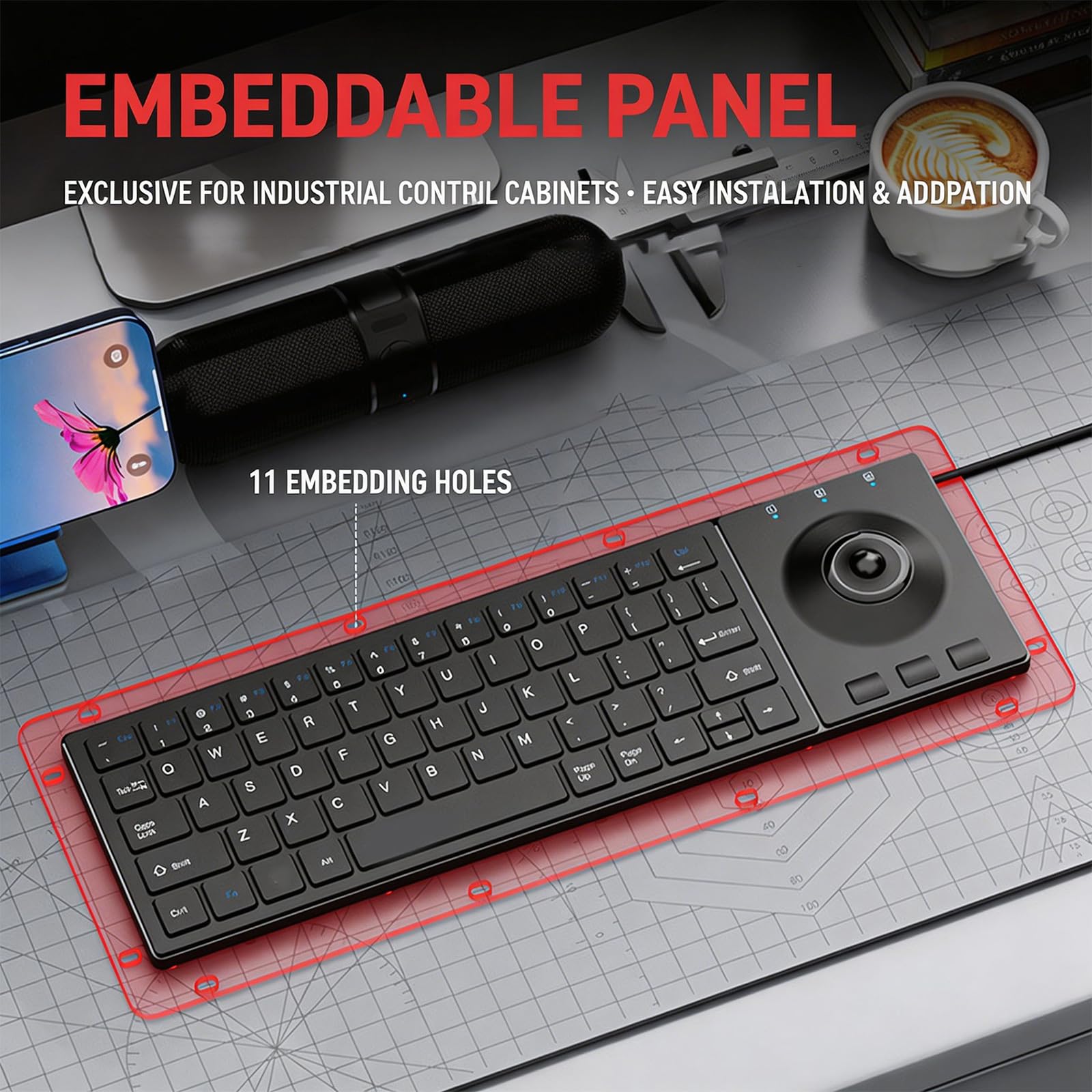 Industrielle Tastatur mit 64 Tasten und integriertem Trackball und Geräuschlosen, für Büros und Fabrikgebrauch, integrierte Trackball-Tastatur