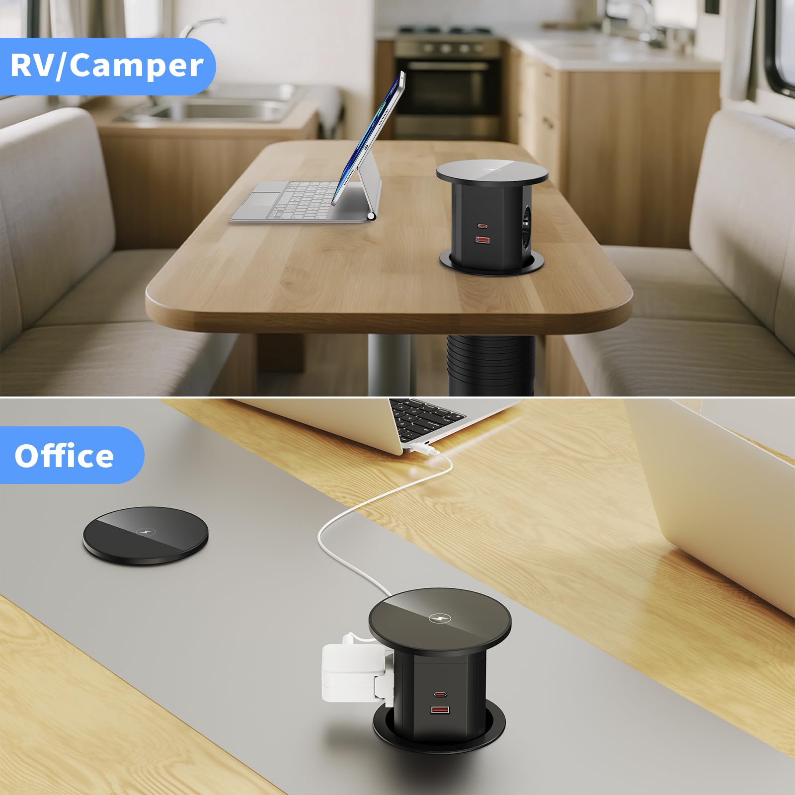 Versenkbare Steckdose mit 15W kabellosem Laden, USB-C PD 20W, Ø85 mm | 2 Schuko, 2 USB-C, 2 USB-A je 18W, Überlastschalter, 1,9 m Kabel, für Schreibtisch, Küche und Arbeitsplatte