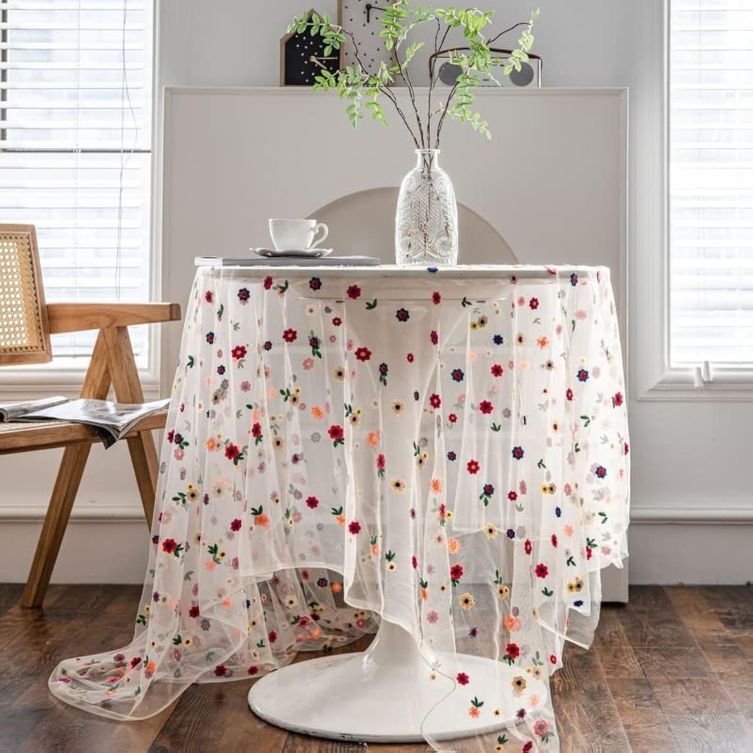 Poowe Colorful Flower Lace Tablecloth Embroidered Lace Table Cover for Table Classic Dustproof Table Protector for Kitchen Dining Room Party Wedding Banquet Home Decoration (59"×118")