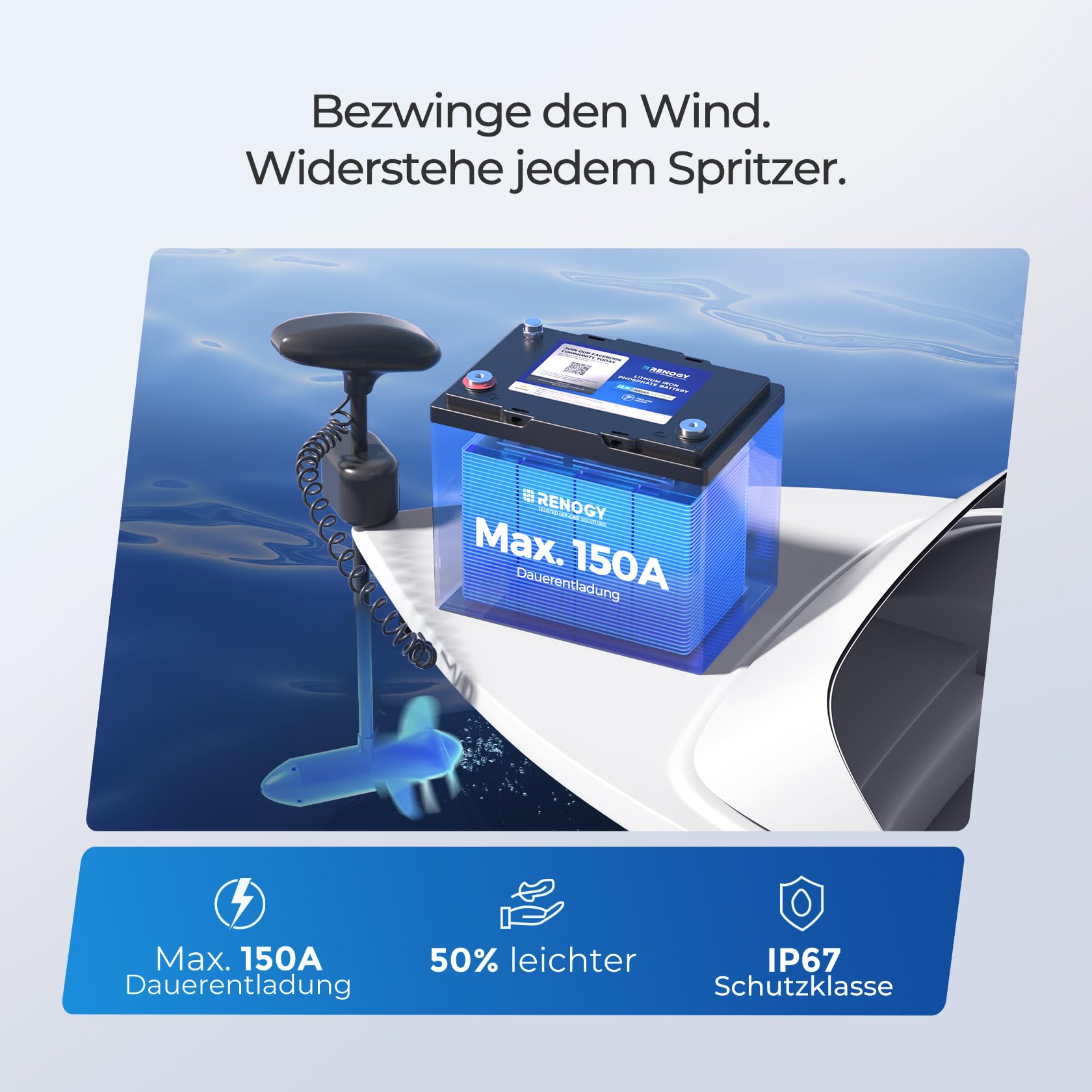Renogy 12V 100Ah Trolling Motoren LiFePO4 Lithium Batterie mit Bluetooth, 150A BMS 6000+ Zyklen Deep-Cycle-Batterien, 12V Solarbatterie 100Ah Akku für Trolling-Motor, kabinen, Marine, Wohnmobile, IP67