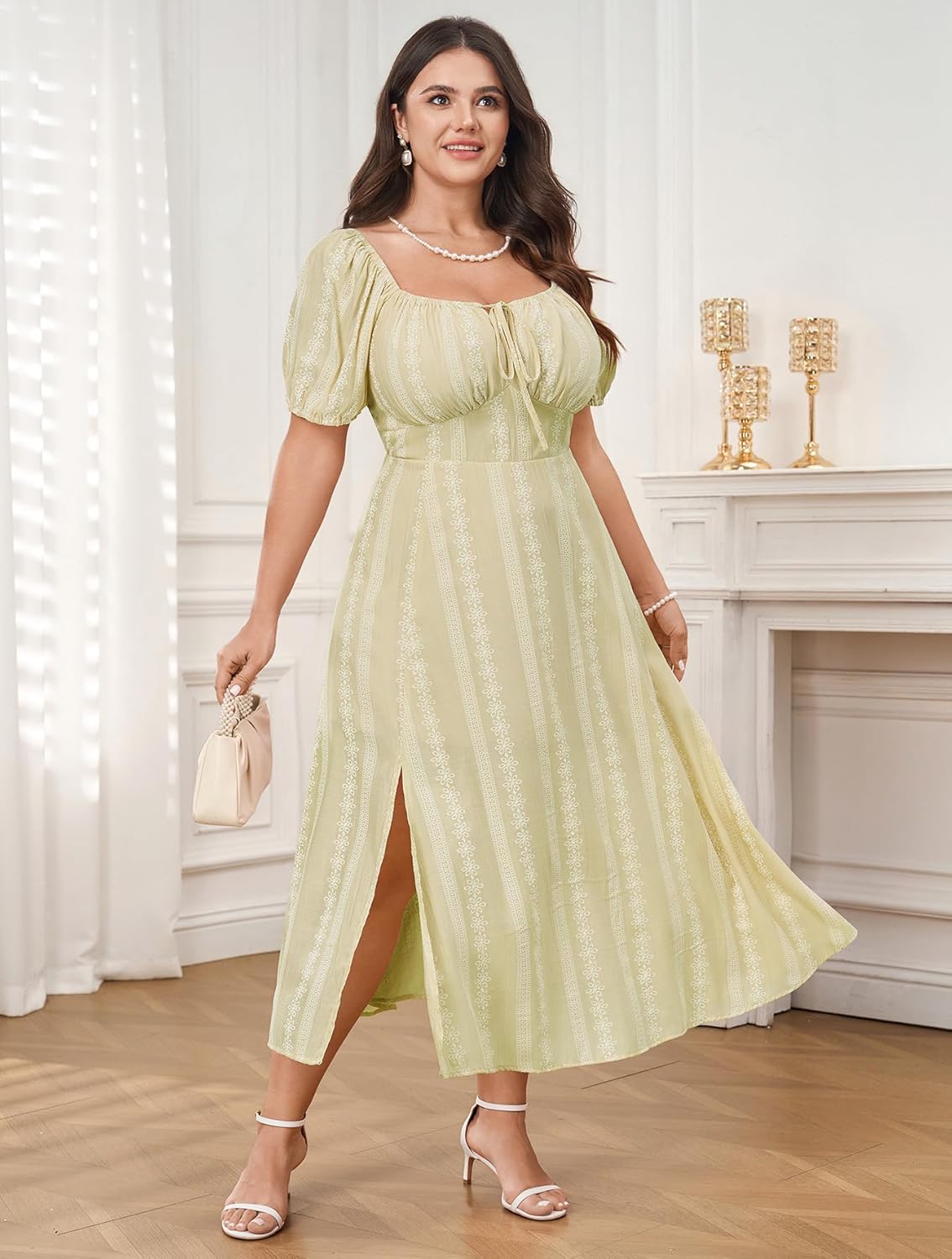 SCOMCHIC Womens Plus Size Summer Dresses Short Sleeve Square Neck Milkmaid Dress Tie Front Split A-Line Maxi Dress - Image 3