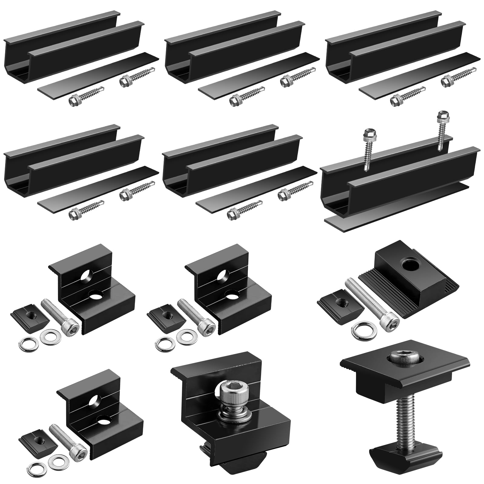 GETLITOOL Supports de Montage de Panneaux Solaires en Aluminium - Kit de 6 Rails 120x25mm 4 Pinces 2 Supports Centraux - Compatible 30/35mm - Étanche&Robuste - Pour Camping-car Maison Bateau - Noir