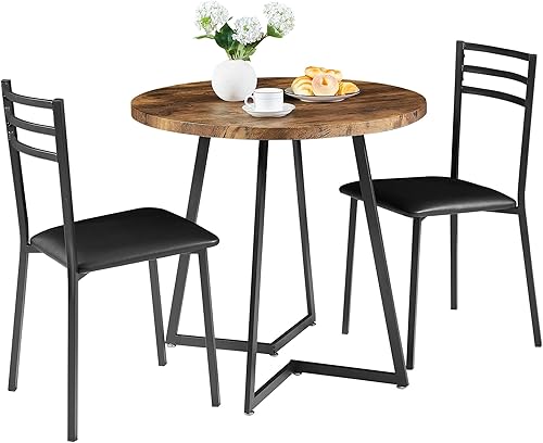 VECELO Mesa de cocina redonda pequeña con 2 sillas tapizadas, juegos de comedor de madera de 3 piezas con marco de acero para rincón de desayuno,