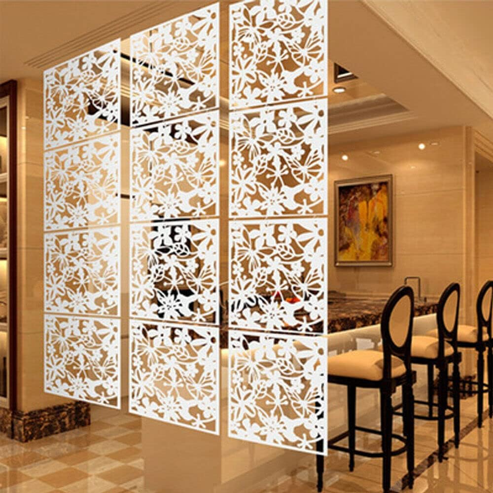 Hanging Room Divider, 12 Pack Hollow Pattern White Screen Panel 40 x 40 cm DIY Partition Wall Panel for Home Hotel Bar Living Dining Room Decoration