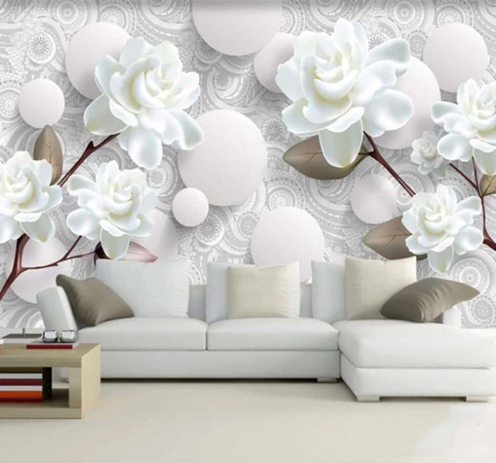 Minimalist Three Dimensional White Peony Sphere 3D Wallpaper Easy Install Feature Office Living Room Sofa Bedroom TV Background Wall Decoration-350cm×256cm