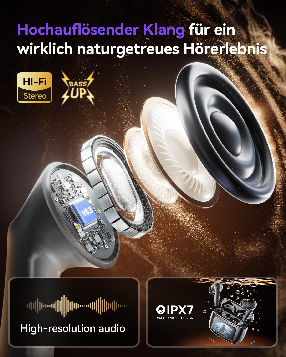 Cuffie wireless Bluetooth 5.4, auricolari in-ear con display touch screen, microfono ANC & ENC, 5 modalità EQ, suono stereo HiFi, 48 ore di riproduzione, impermeabilità IPX7, per iPhone e Android