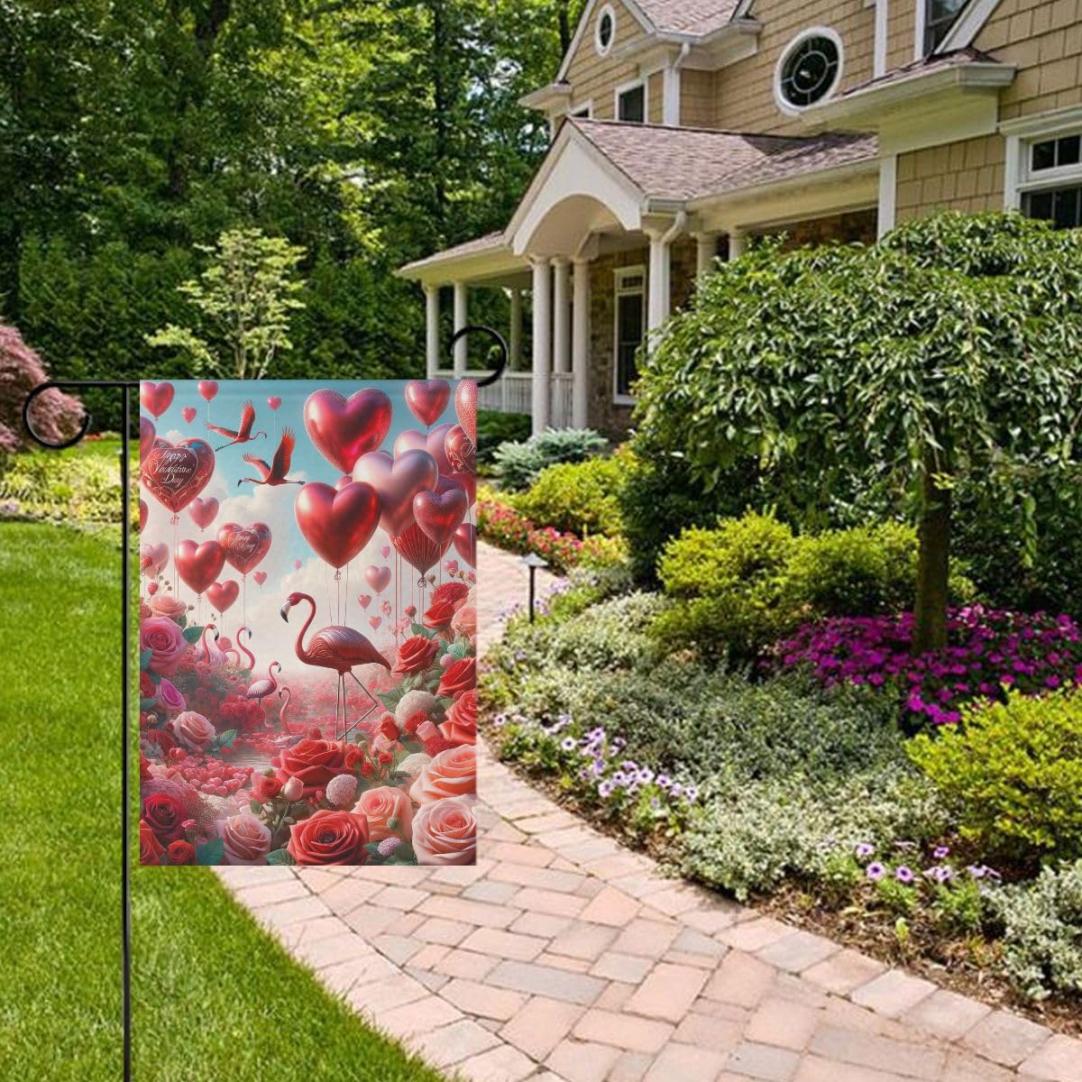 Pickako Flamingo-Paar Gartenflagge – Doppelseitig Mit Sonnenaufgang & Rosen, 71x102 Cm Für Terrasse & Garten