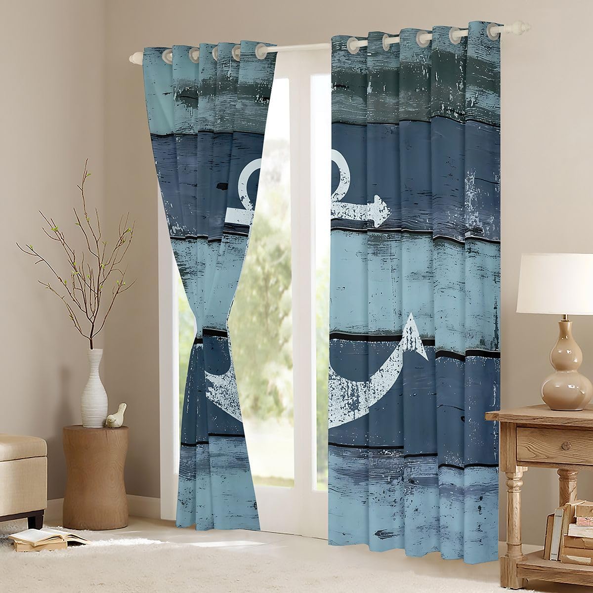 Feelyou Anchor Decor Rustic Wooden Curtains Bedroom Living Room (2 Panels, 38 x 45 Inch) Nautical Themed Tie Dye Blackout Curtains Ocean Blue Teal Nautical Window Treatments Luxury