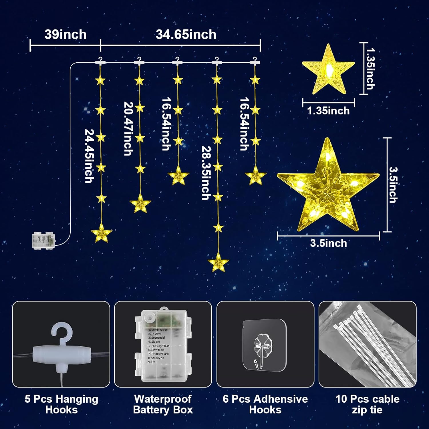 GLOONITY Decorative String Lights for Celebrating Birthdays, Easter, Christmas, Halloween, Indoor Light Fixtures, 46Leds Waterproof Star Curtain Lights Battery Operated, Warm White LED Lamps