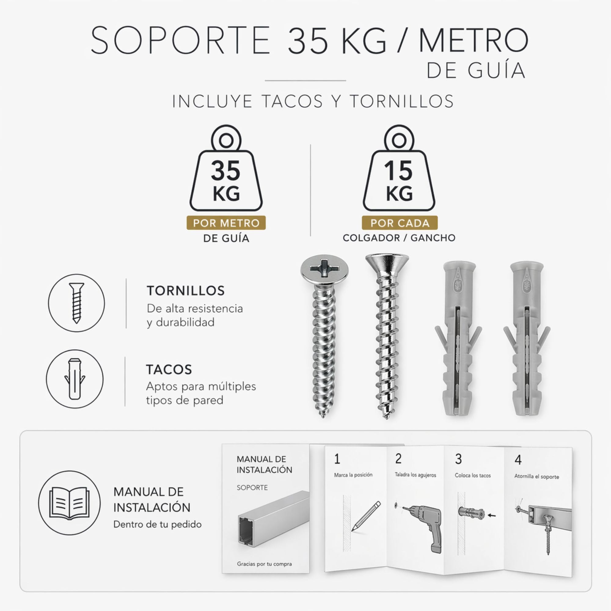 Colgar Cuadros 6 Metros | Guia Blanca | Aluminio Resistente | Incluye 6 Colgadores Nylon y 6 Ganchos RM | Sistema Modular para Hogar Oficina Galería