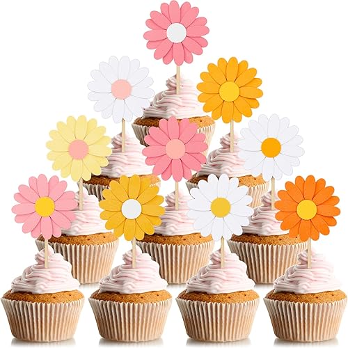 Henoyso 48 piezas de decoración de cupcakes de margaritas Groovy Spring Flower Cake Topper de los años 70 Groovy Hippie Crisantemo Daisy Cupcake