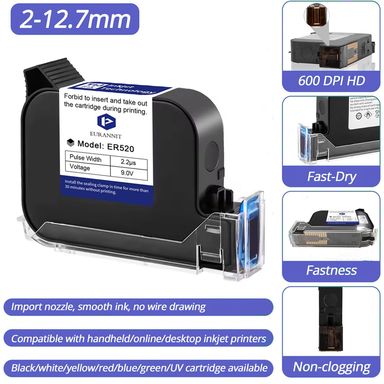 Original ER520 Schnelltrocknende Tintenpatrone für Portable Inkjet Printer 12.7 mm Druckhöhe für Intelligent Inkjet Printer E15/E98/E11/E12/E16, Schwarz