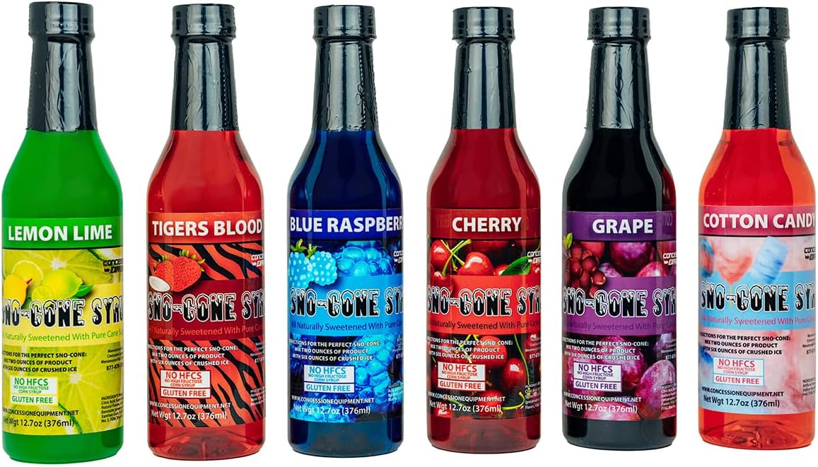 12.7oz Pure Cane Sugar Sno-Cone Syrup-Contains No High Fructose Corn Syrup(Six Flavor Variety Pack)