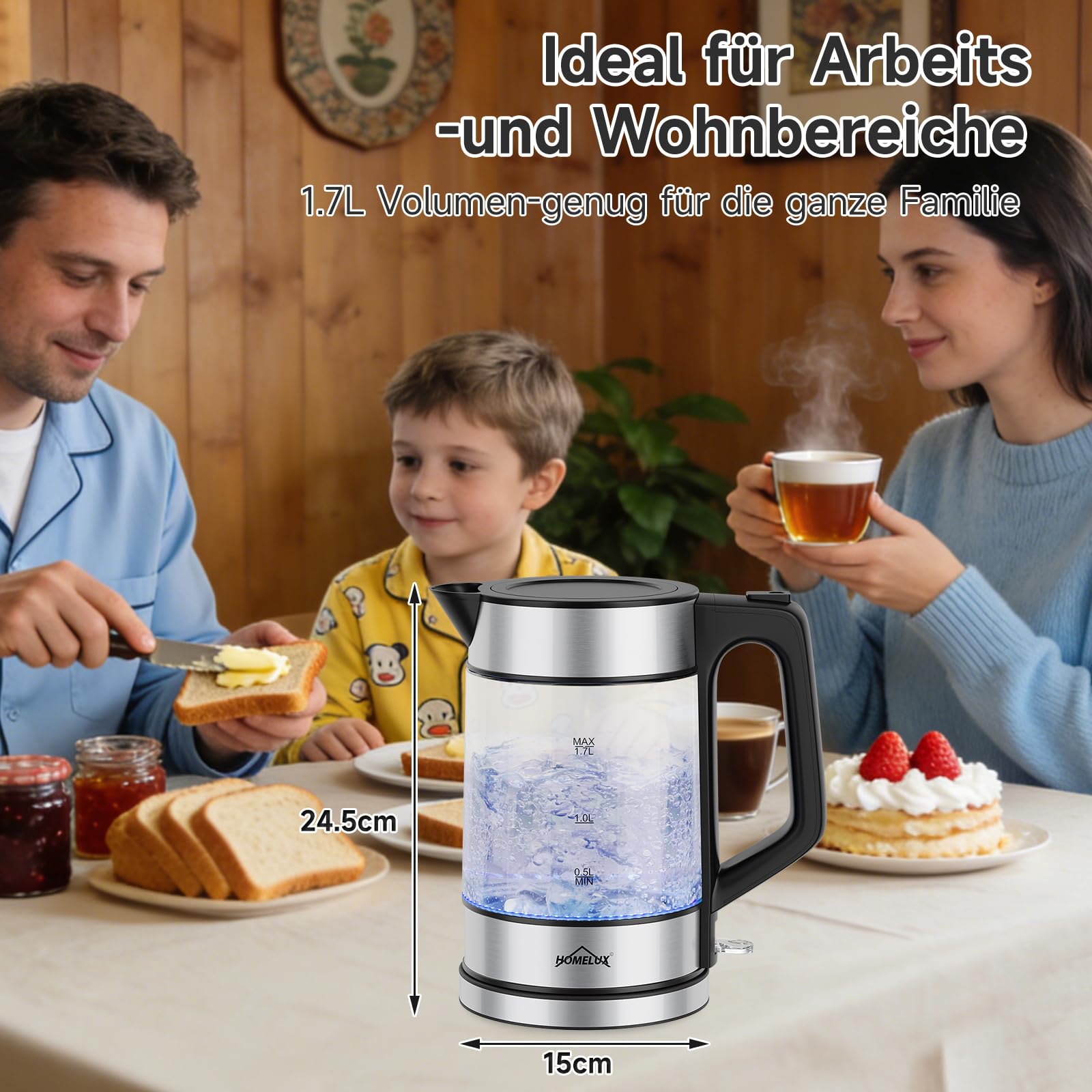 Hervidor de cristal 1.7 con ajuste de temperatura, 2200 W Kettle transparente, con base de 360 °, iluminación LED, apagado automático de la corriente y apertura de la tapa, protección contra la