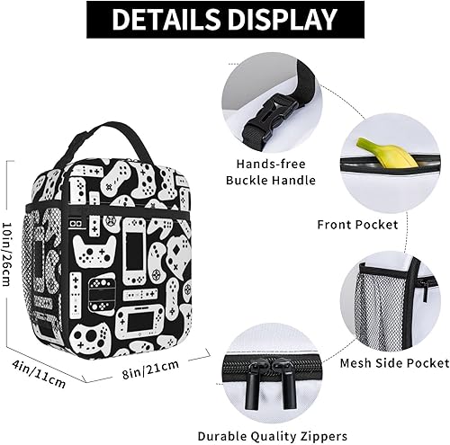 Miniatura 6 de Bolsa de almuerzo de videojuegos en blanco y negro para niños y niños, fresca y reutilizable, portátil, aislada, bolsas de comida para escuela,