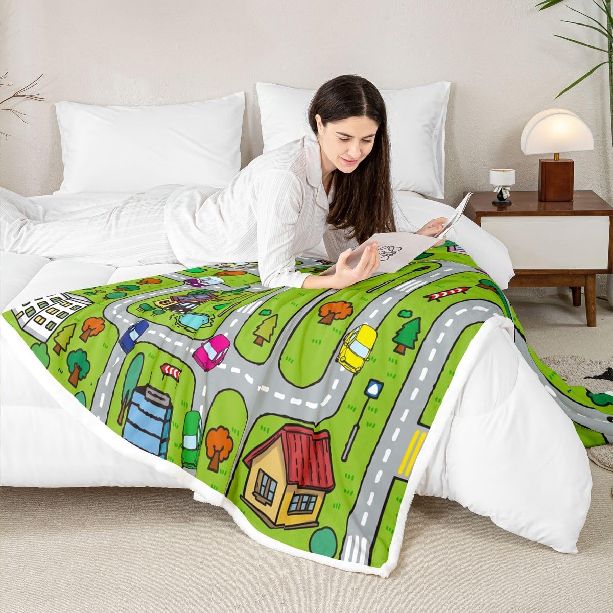 Queen 90"x90" Playing Car Fuzzy Blanket Road and Traffic Flannel Fleece Throw for Sofa Couch Toddler Soft Colorful Fun Game Sherpa All Season Educational Race Track Plush
