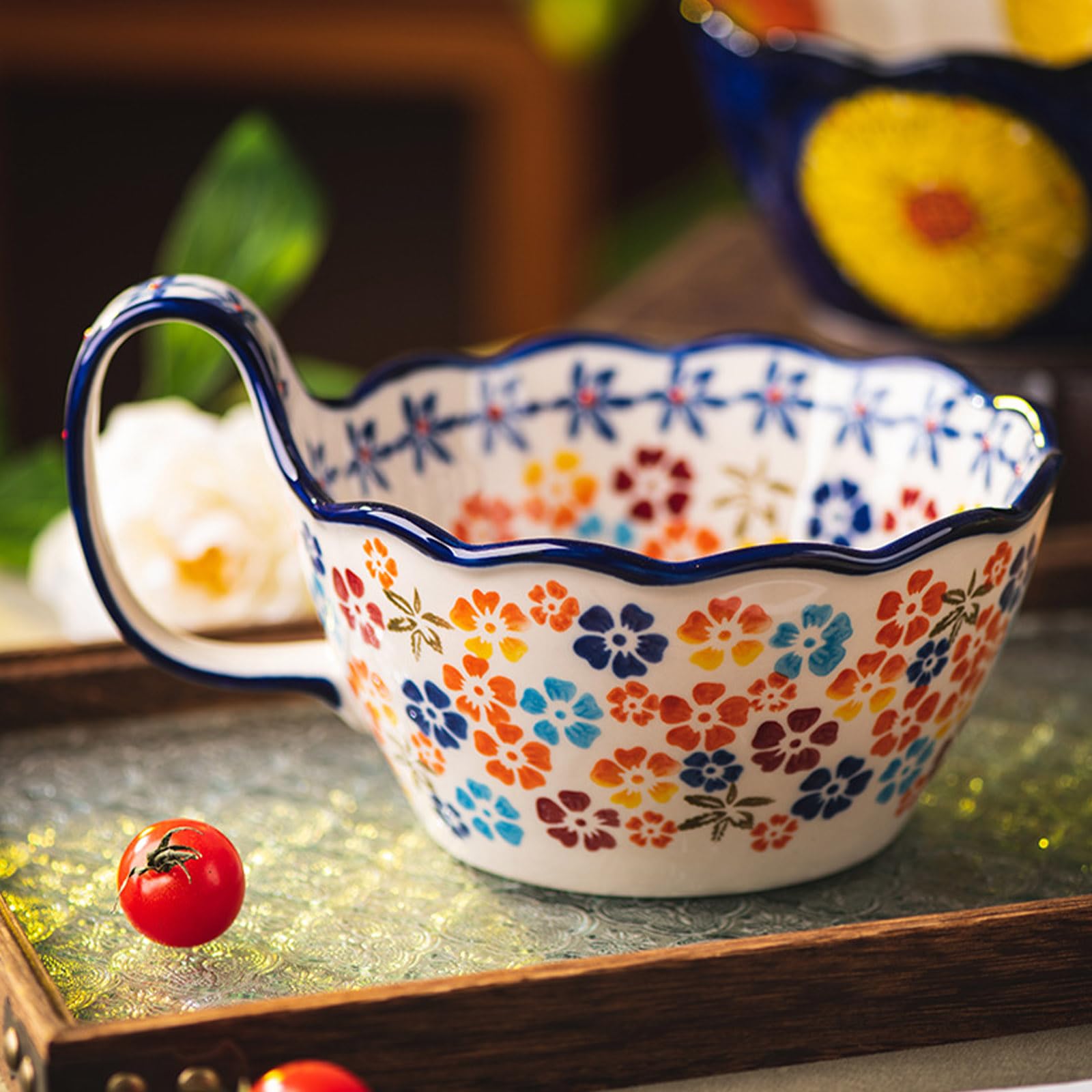 Grand bol à ramen en céramique de 1 000 ml, passe au micro-ondes, bol à soupe, grande tasse à soupe (fleur-A)