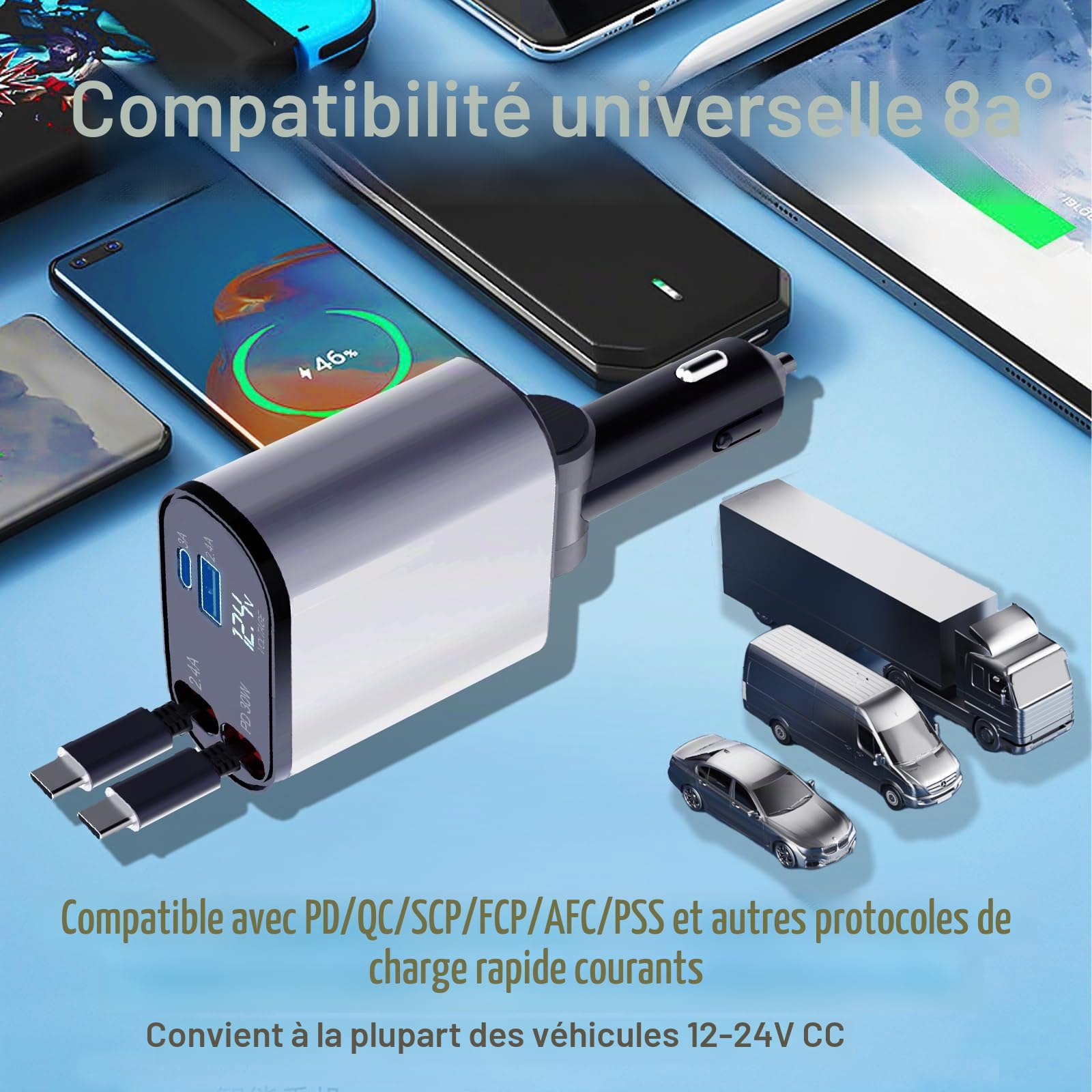 Thlevel Rétractables Chargeur de Voiture USB C 60W 2 Câbles Voltmètre LED | Compatible avec iPhone Huawei pour 12V/24V Caravane Camping-Car Bateau