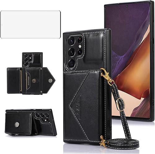 Asuwish Compatible con Samsung Galaxy S22 Ultra 5G - Funda tipo cartera cruzada y protector de pantalla de vidrio templado, soporte para tarjeta de