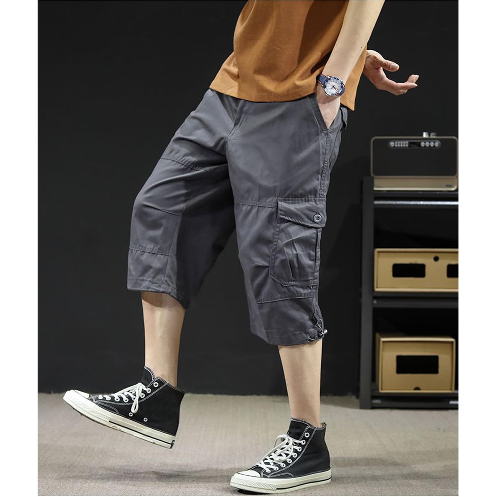Shorts Cargo Homme Été 3/4 Pantalon Hommes en Coton Léger Court avec Multi-Poches Taille Elastique(Pas De Ceinture)