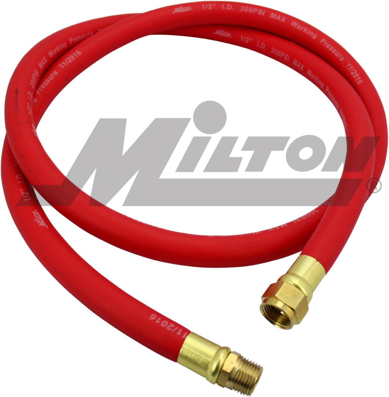 Milton 2780-6LH Air Leader Hose, 1/2 x 6 ft. Rubber Hose - 1/2 NPT Brass Ends - 300 Max PSI