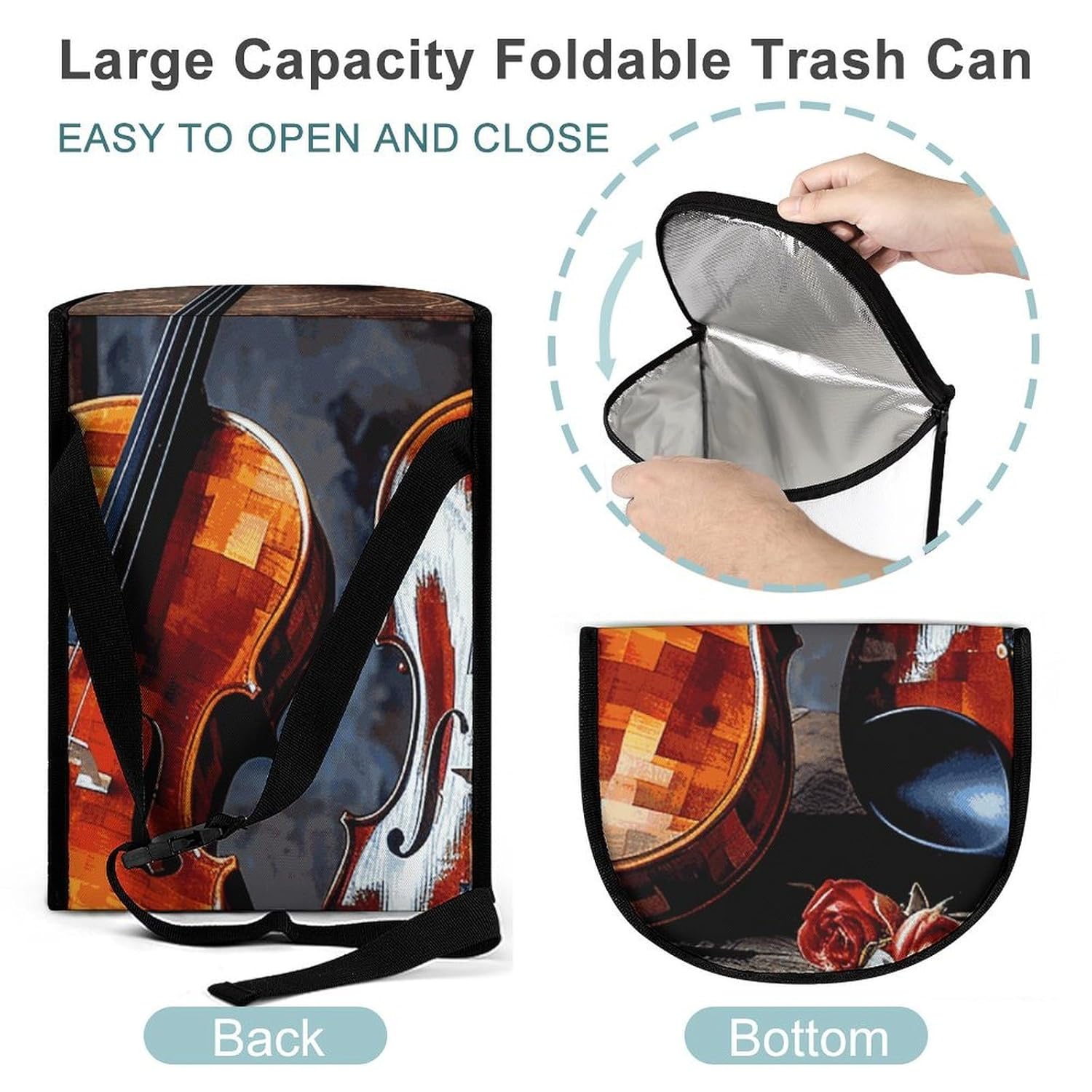 MUSM Leakproof Car Trash Can 2.5 Gallon, Durable Automotive Garbage Bag with Waterproof Liner, Violin and Cello Trash Bag for Car, Truck, RV & Bathroom
