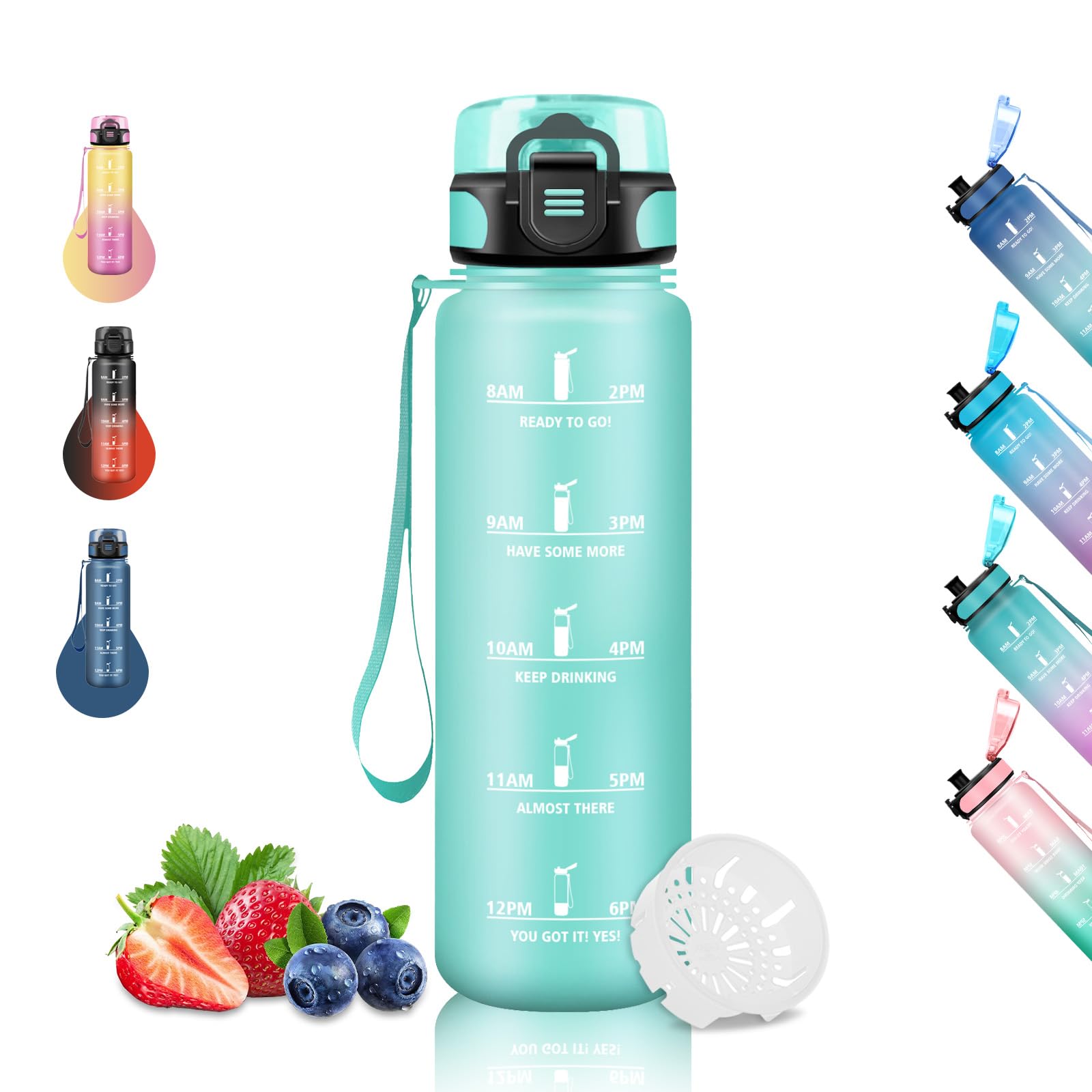 Trinkflasche Sport 1l mit Zeitmarkierung - Auslaufsichere Motivational-Wasserflasche für Running, Camping, Wandern, Yoga, kann mit dir tragen, Grün