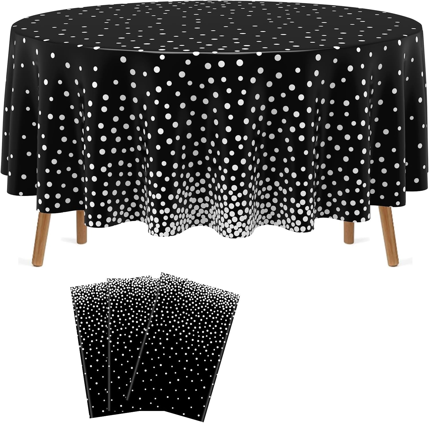 Newwiee 12 Pcs Round Dot Tablecloth 84 Inch Plastic Table Cover Graduation Confetti Tablecloths for Grad Wedding Bridal Shower Birthday Spring Graduate Party Decor (Black and Gold Dots)