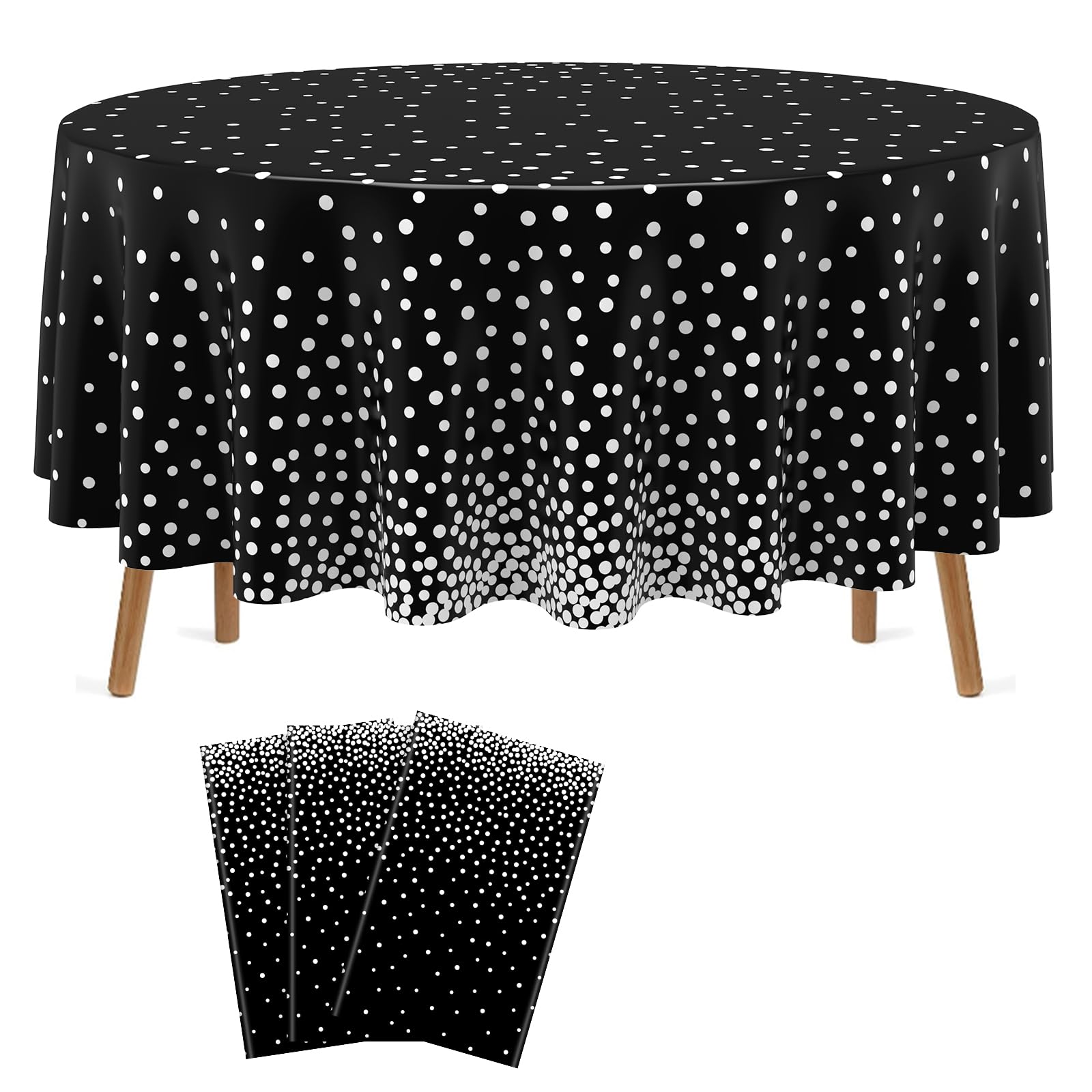 Newwiee Round Dot Tablecloth 84 Inch Plastic Table Cover Dots Confetti Tablecloths for Graduation Grad Wedding Bridal Shower Easter Birthday Party Decor(Black and Silver Dots,3 Pcs)