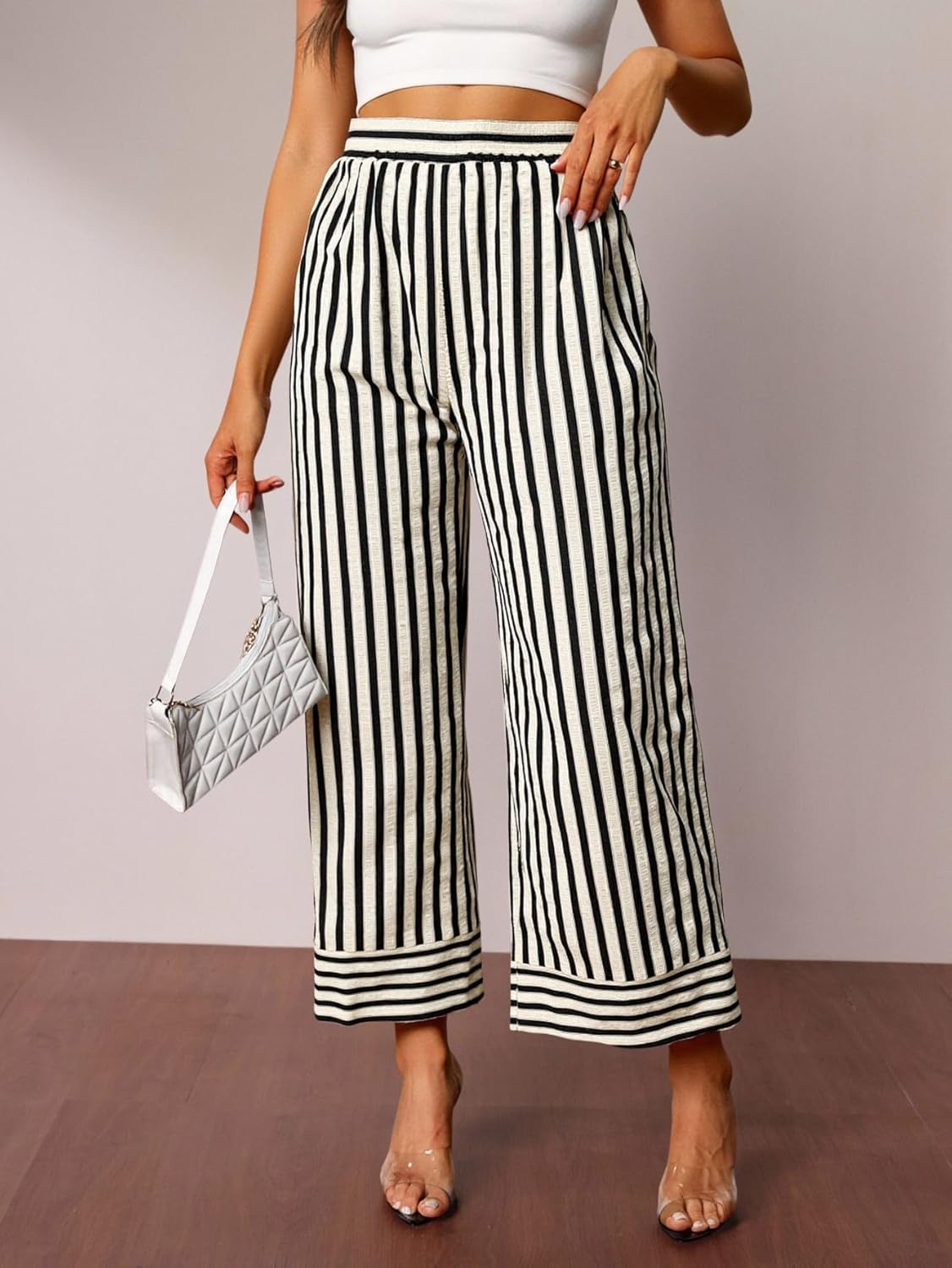 Women's Striped Cropped Palazzo Pants Dressy Casual High Waisted Wide Leg Trousers with Pockets - Image 4