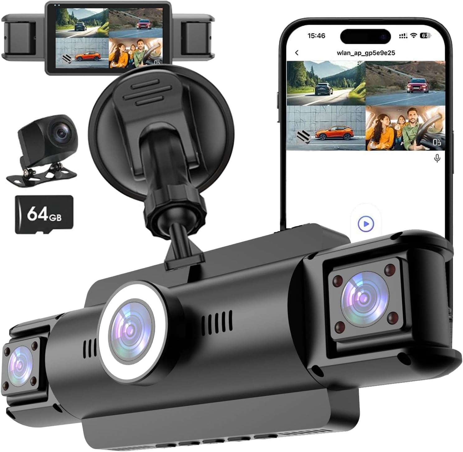 4 Channel 4K Dash Cam Front and Rear Inside, 360° View 1080P Dash Camera for Cars, Super Night Vision, Gravity Sensor, Loop Recording, WDR, 24H Parking Mode, WiFi & APP Control, with 64GB Card
