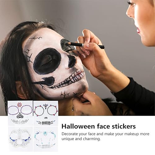 Miniatura 9 de Lurrose Día de los Muertos Calavera Gemas Joyas Tatuajes, 4 piezas de diamantes de imitación joyas de Halloween calcomanías de tatuaje para