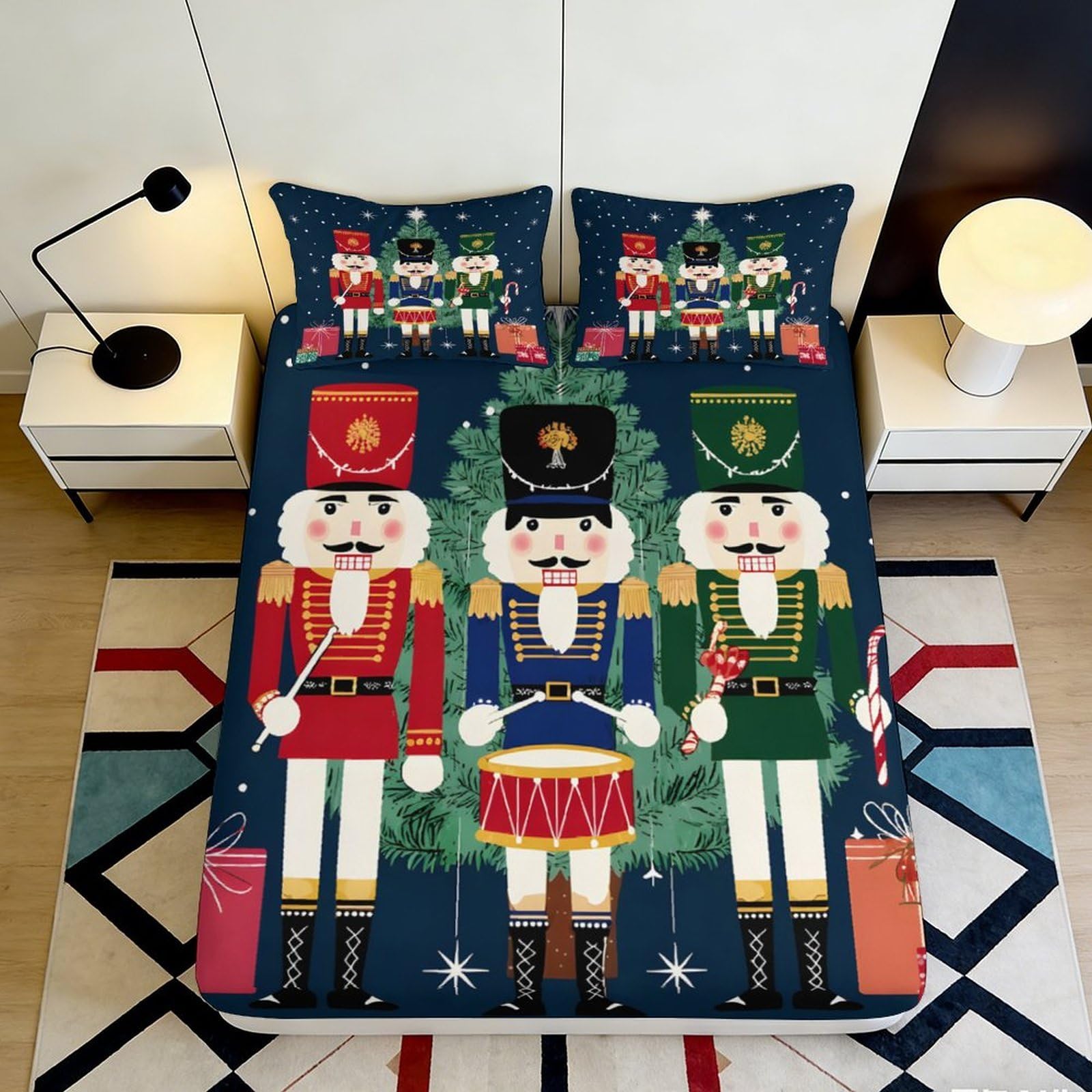 3D Printed Nutcracker Fitted Sheet Microfiber Soft Durable Christmas Drum Mattress Cover for Bedroom Dormitory Guest Room Bed Protection 200x200x25cm