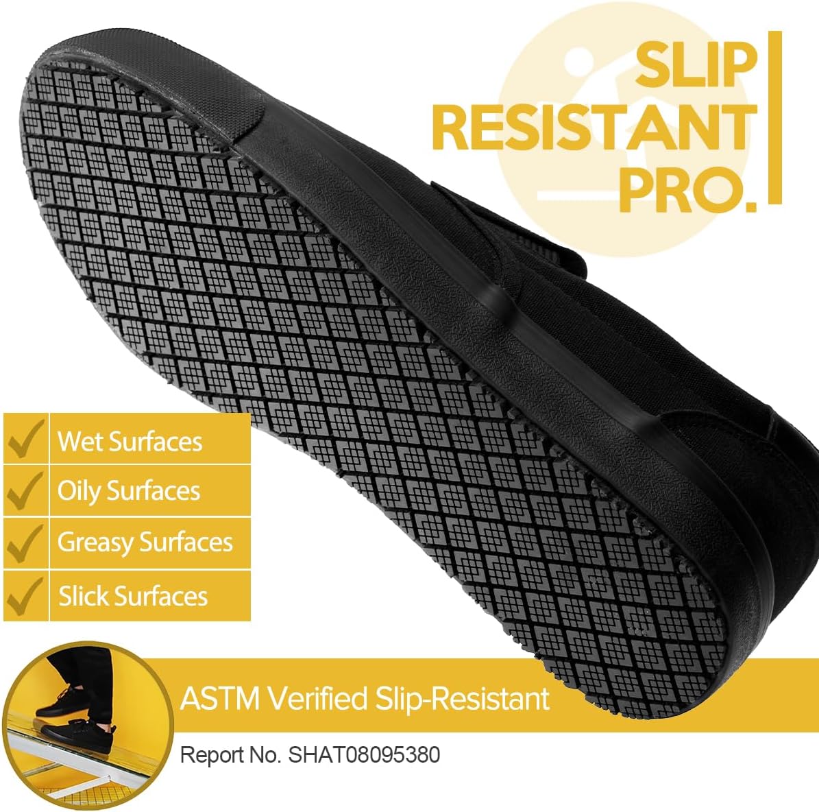 Non-Slip Work Shoes for Men & Women, Unsex Slip-Resistant (Oil & Water) Sneakers for Food Service, Black Slip On Restaurant Server Shoes, Comfortable Casual Anti-Slip Chef Kitchen Shoes