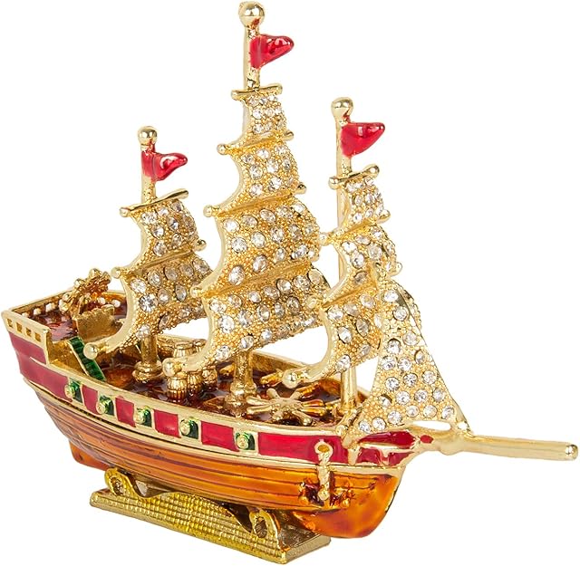QIFU Hand Painted Ship Style Decorative Hinged Jewelry Trinket Box, Unique Gift Home Decor, Best Ornament Your Collection
