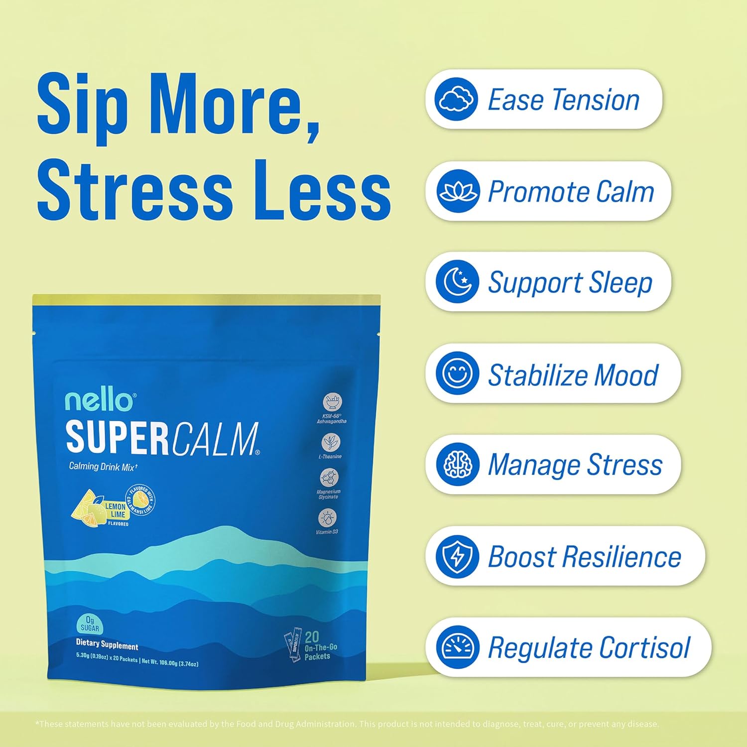 Nello Supercalm Powdered Drink Mix, Cortisol Reducer* and Sleep Aid Supplement, L Theanine, Ksm-66 Ashwagandha, Magnesium Glycinate, Vitamin D 3, No Sugar, Non GMO, On The Go, 20 Ct, Lemon Lime