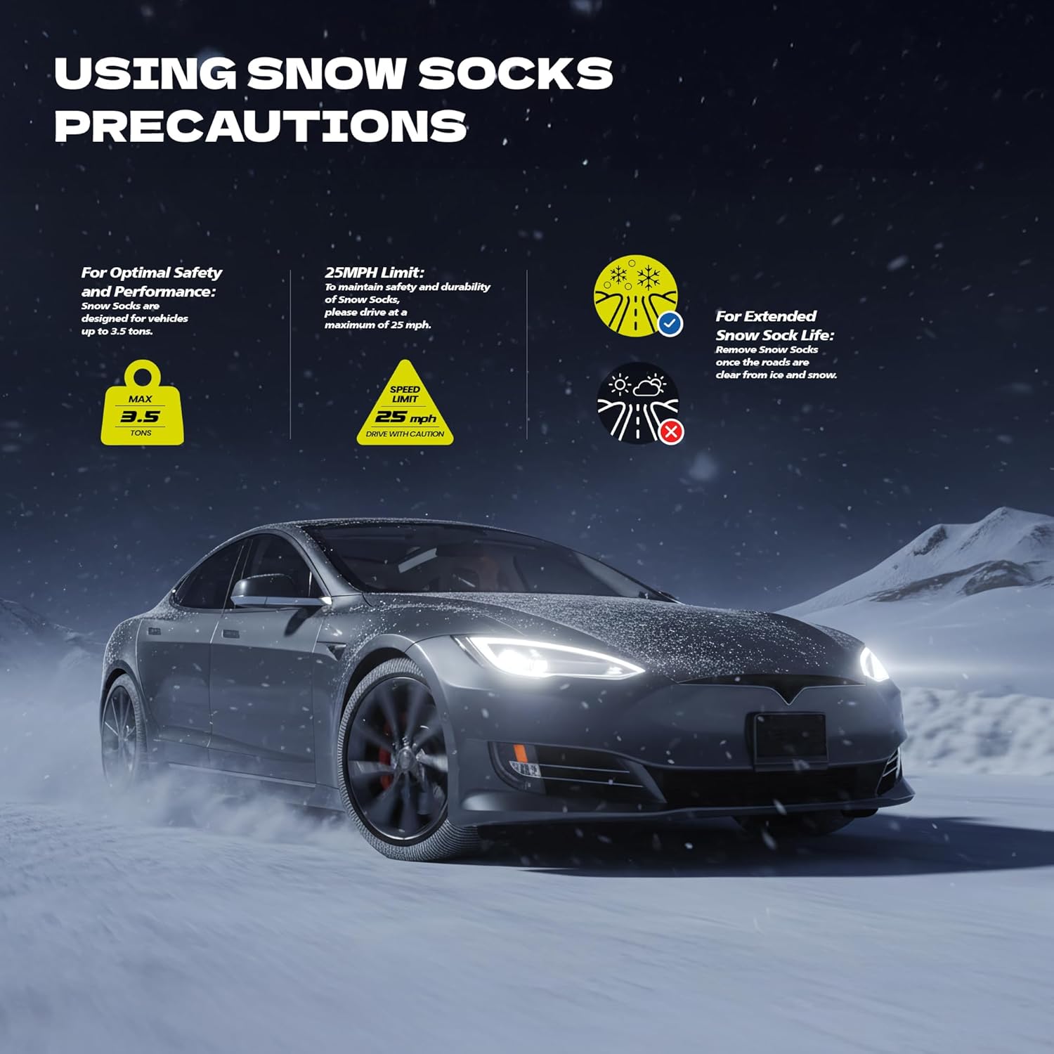 Snow Socks for Tires – High-Traction Tire Socks for Snow, Cars, SUVs, Pickups, EU EN-16662-1 Certified, 2-Pack Black 2XL