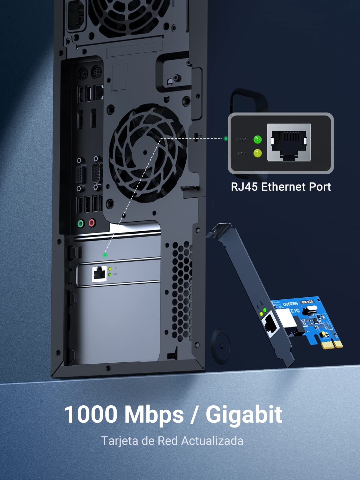 UGREEN Tarjeta de Red Gigabit Ethernet PCI Express 10/100/1000 Mbps con Puerto RJ45 y Perfil Doble, Adaptador LAN PCIe Compatible con Windows 10/8/ 7/ Vista/XP