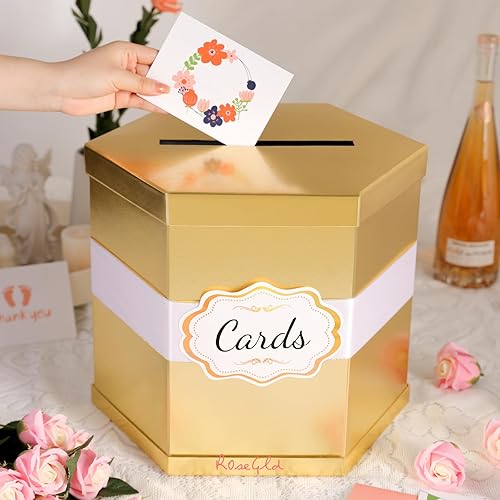 Miniatura 2 de ROSEGLD Caja de tarjetas, caja de recepción de tarjetas con cinta de 14 x 12 x 12 pulgadas, elegante soporte para tarjetas para bodas, graduaciones,