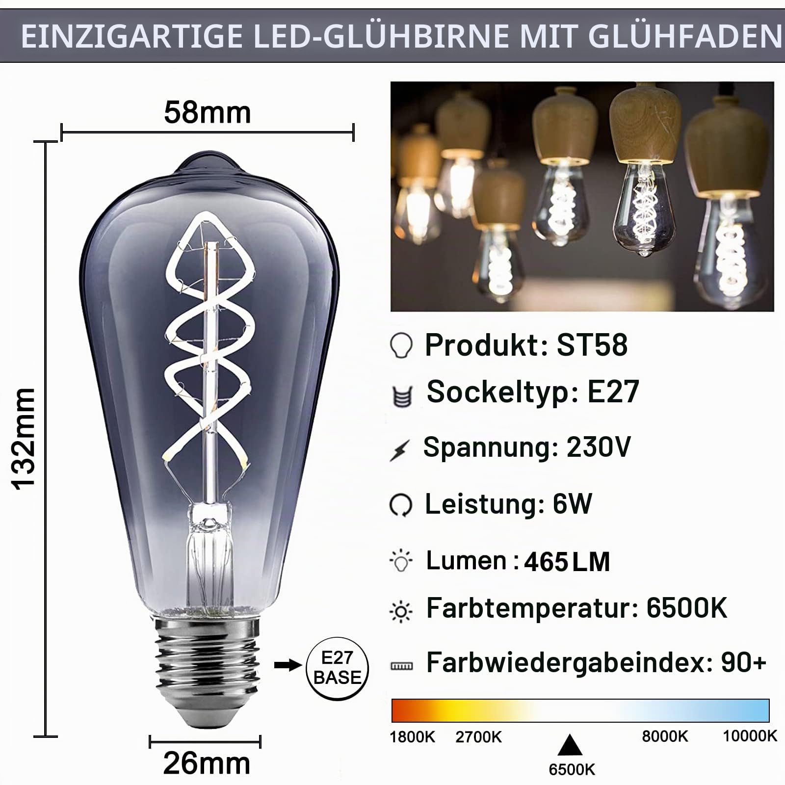 Edison Vintage Glühbirne E27-6W 465 LM LED Filament Lampe, Ersazt 60W Halogenlampen, Kaltes Weiß 6500K Antike Lampe Ideal für Retro Beleuchtung im Haus Café Bar - 6 Stück