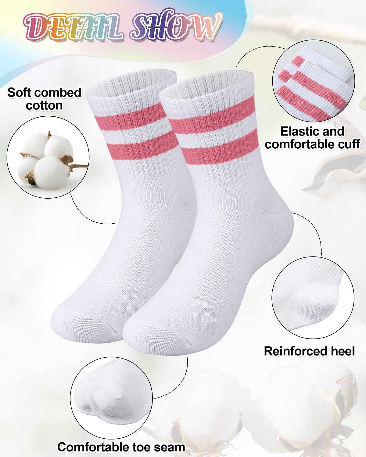 Halfchet 8 Pairs Crew Socks Kids Cotton Striped Socks
