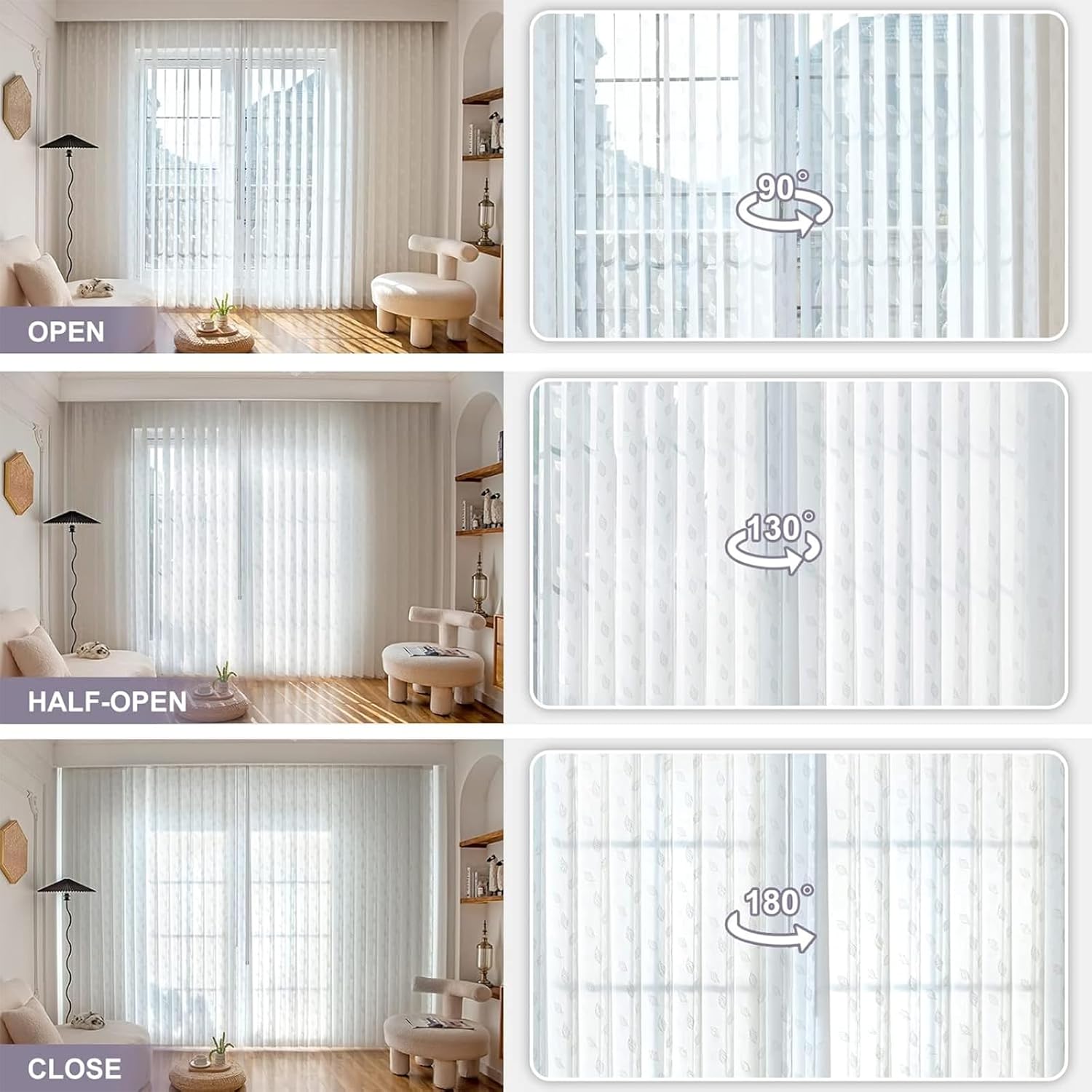 Graywind Manual Sheer Vertical Blinds Custom Size Adjust Light Fabric Sheer Free Wand Control Privacy Light Filtering Track Slats Set for Patio Sliding Glass Door Large Window (Leaf White)