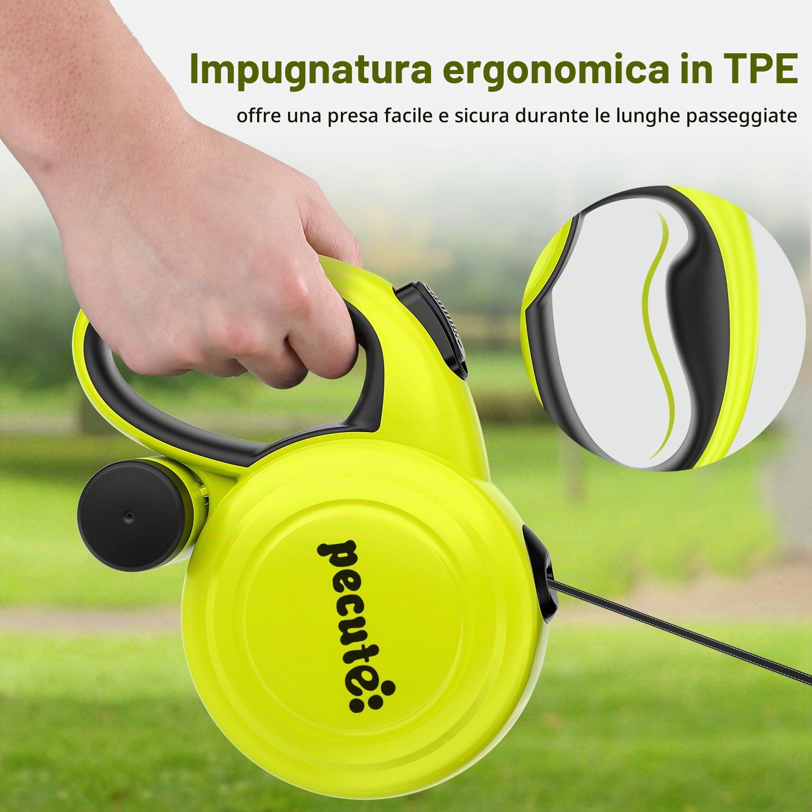 Pecute Guinzaglio Retrattile per Cani 10M (Fino a 50 Kg), Guinzaglio per Cane con Guinzaglio Esteso Senza Grovigli a 360°, Impugnatura Antiscivolo e Pulsante di Freno Rapido,Verde