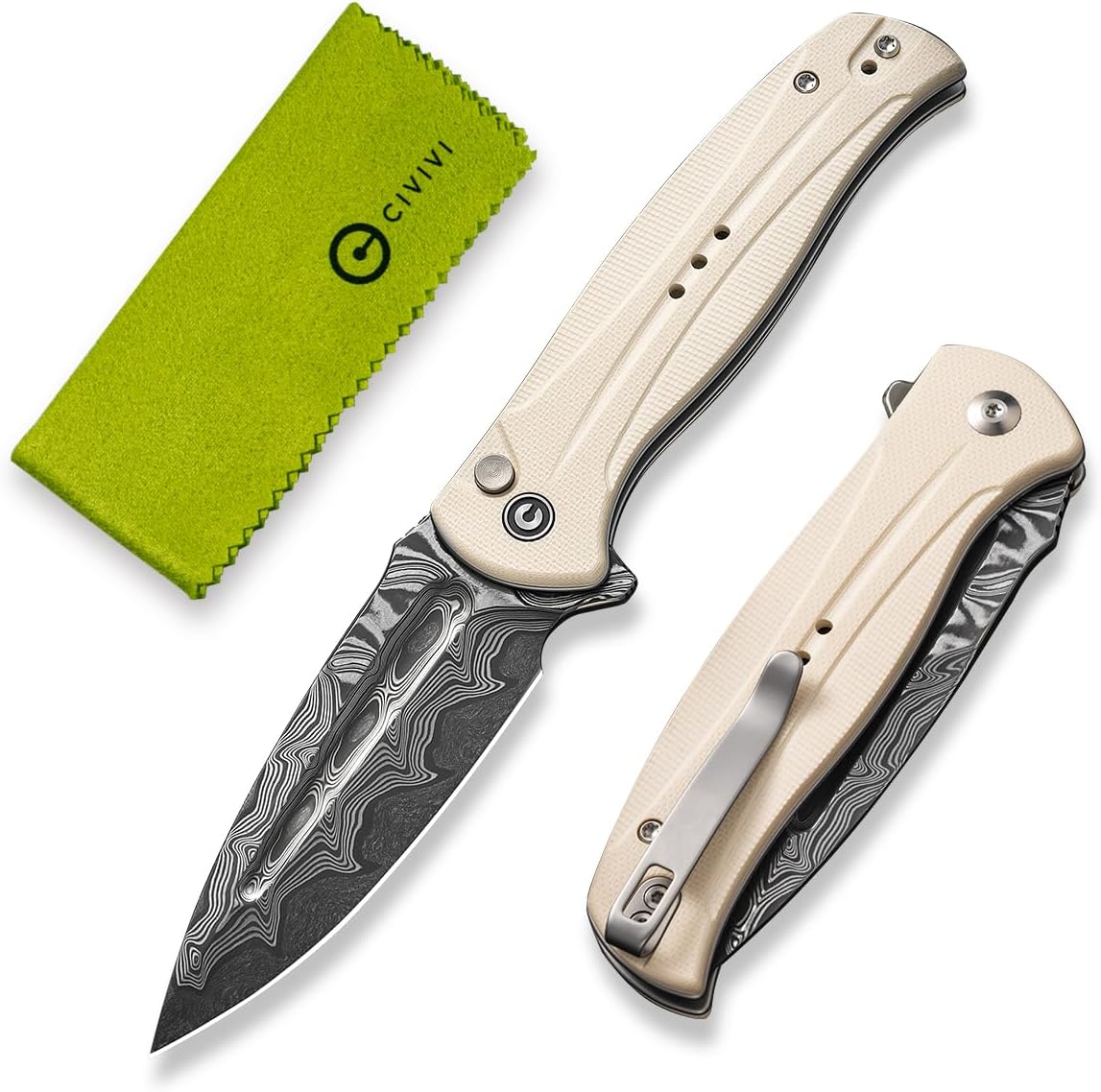 Incindie Pocket Knife for Men, Folding Knife with 3.48" Damascus Blade Milled G10 Handle for EDC C23053-DS1 (Ivory)