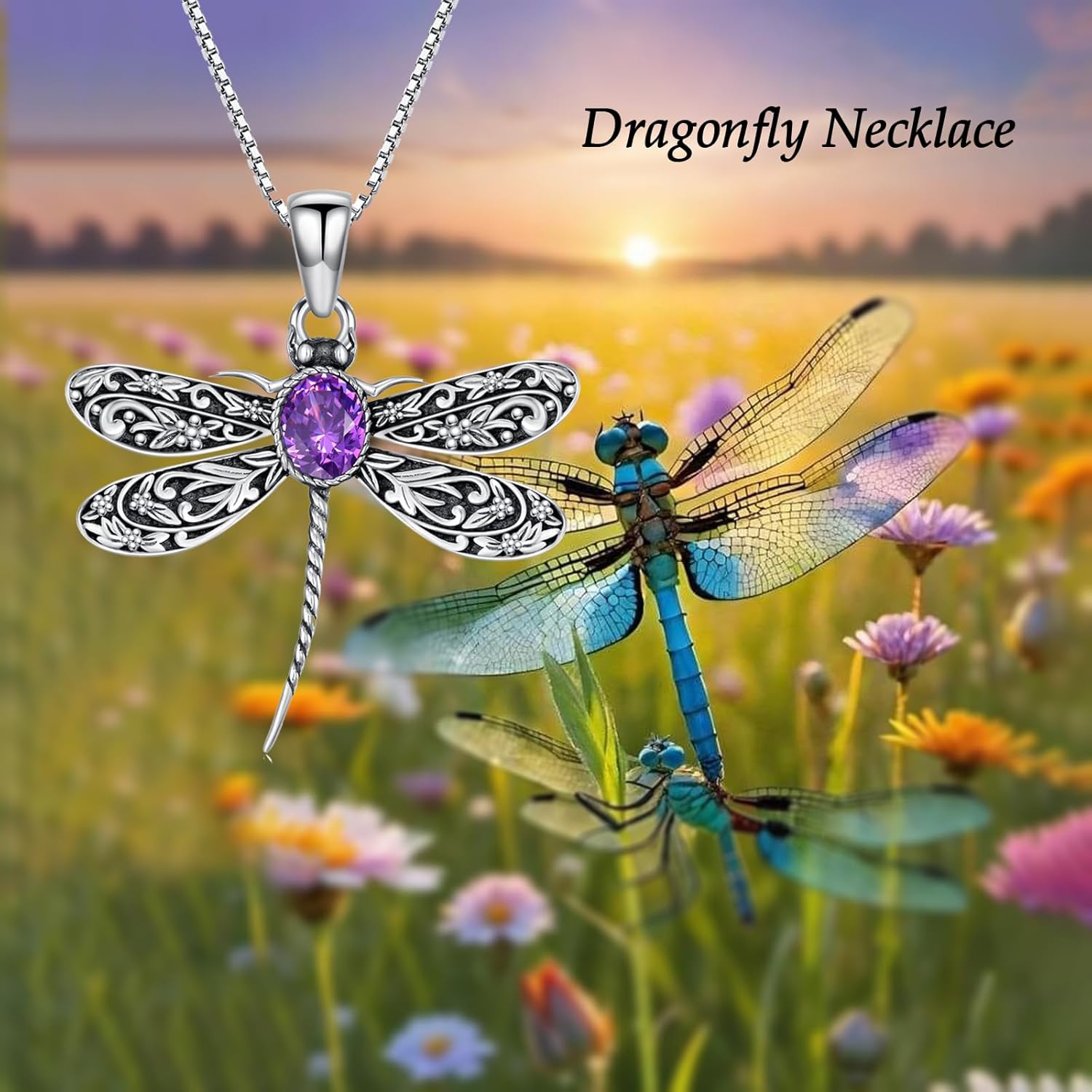 Vintage Dragonfly Necklace for Women 925 Sterling Silver, Oval Birthstone Dragonfly Pendant Boho Jewelry Birthday Gift for Her, Mom, Grandma - Image 6