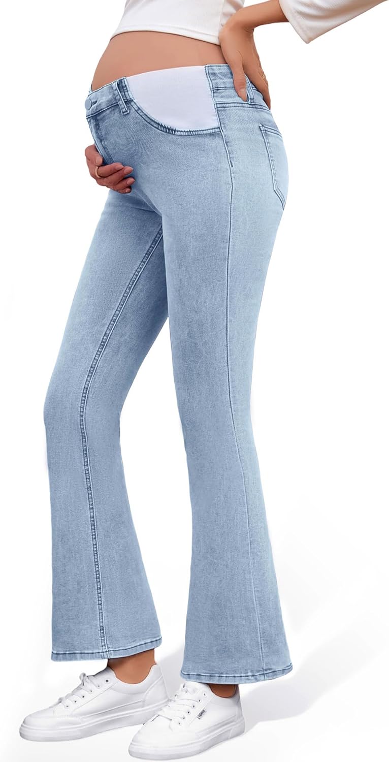 Leovqn Women's Maternity Bootcut Jeans High Waist Side Panel Pregnancy Jeans Flare Stretchy Denim Pants with Pockets